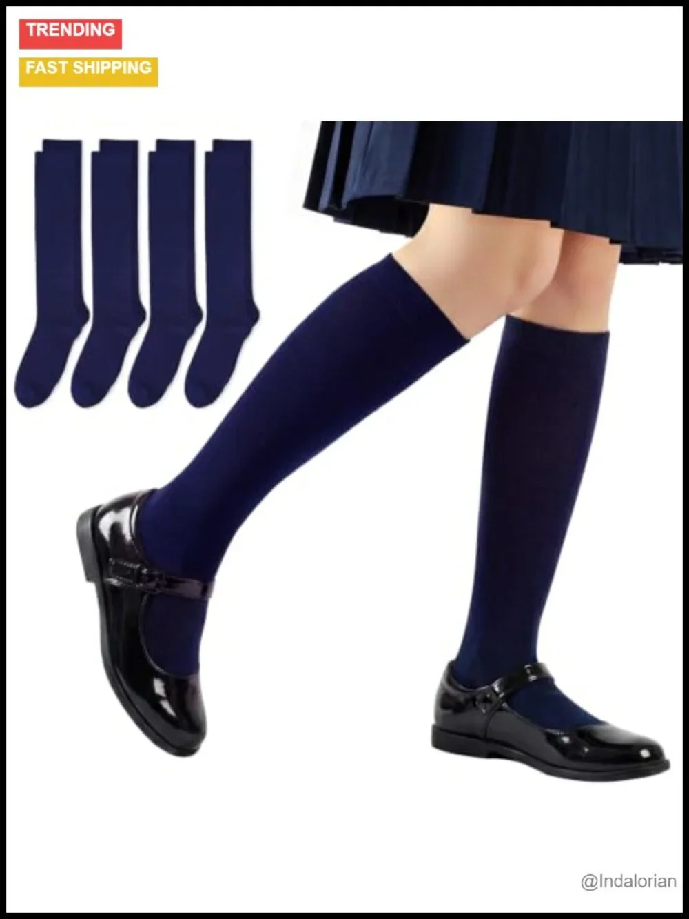 Girls Knee High Socks 4 Pairs Seamless Toe Cotton Uniform Socks